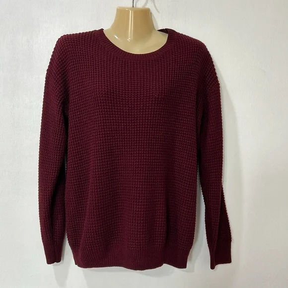 MEROKEETY  WOMENS CREW NECK WAFFLE KNIT PULLOVER TOP WINE Sz MD - Picture 2 of 11